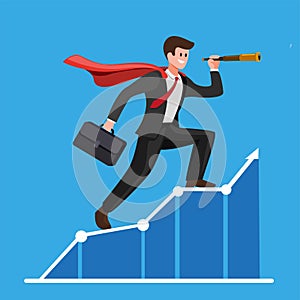 Businessman with cloak using telescope on graphic chart. Concept for forecast, prediction, success, business planning in cartoon f