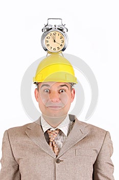 Businessman clock alarm on his head