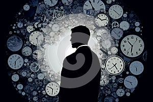 Businessman and clocks. Concept of time management, self-discipline, deadlines at work. Ability to juggle a few events and manage