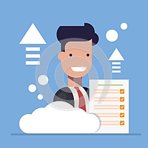 Businessman close-up with document on cloud background. Concept manager work. Flast vector illustration isolated on blue photo