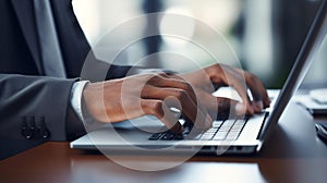 a businessman close up of hands typing on laptop, AI generated