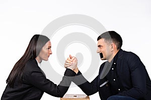 Businessman with closed mouth. The business woman wins in armwrestling. Gender neutral concept