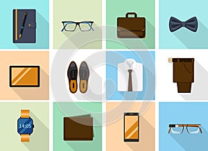 Businessman clothes and gadgets icons in flat