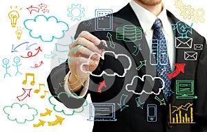 Businessman with cloud computing themed pictures