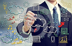 Businessman with cloud computing themed pictures