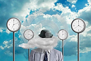 Businessman with a cloud instead of a head. Street clock, and clouds on the background. Creative thinking concept. Quick ideas.