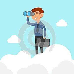 Businessman on cloud holding binoculars