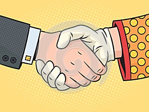 Businessman and clown handshake pop art vector