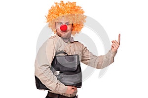 Businessman with clown wig and nose