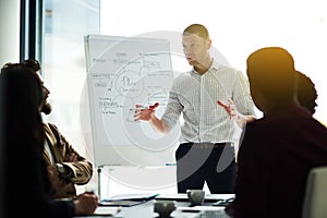 Businessman, coach and meeting with whiteboard in presentation for staff training, planning or discussion at office. Man