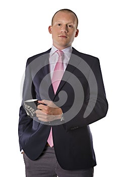 Businessman with coffee cup isolated on white background