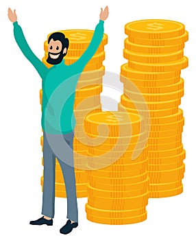 Businessman and Coin, Earning Money, Dollar Vector