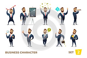 Businessman collection. Bearded charming business men in different situations. Modern character design.