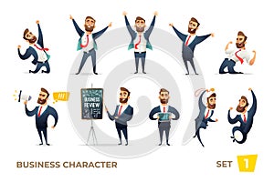 Businessman collection. Bearded charming business men in different situations. Modern character design.