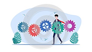 Businessman complete connection of gears. Automate business process and workflow problems with flowcharts