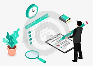 Businessman completes a checklist. Business Planning. Isometric projection. Modern style in green color. Vector illustration