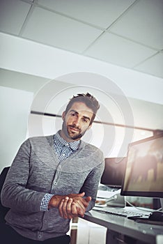 Businessman, computer and relax at desk in office for retail, email and online communication. Portrait, male person and