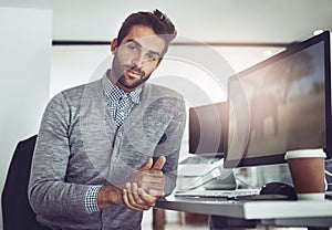 Businessman, computer and relax at desk in office for telemarketing, email and online communication. Portrait, male