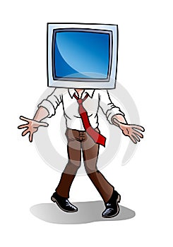 Businessman with computer screen for head