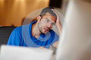 Businessman, computer and stress in home office for problem with 404 glitch, slow connection or fail at night