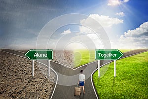 Businessman concept, Alone or Together road to the correct way.