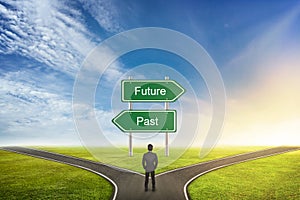 Businessman Concept of choose the correct way. Between Past or future