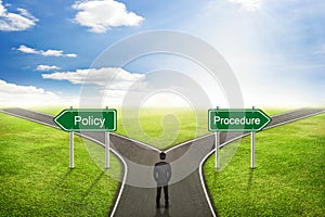 Businessman concept; choose Policy or Procedure road the correct