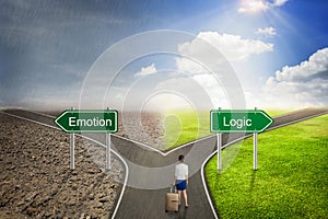 Businessman concept, Emotion or Logic road to the correct way. photo