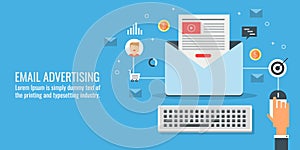 Businessman conducting an email marketing campaign, email advertising and promotion concept. Flat design vector banner.