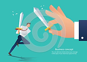 Businessman conflict aggressive holding sword fighting with the co-worker, businessman fight boss at work vector illustration