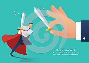 Businessman conflict aggressive holding sword fighting with the co-worker, businessman fight boss at work vector illustration