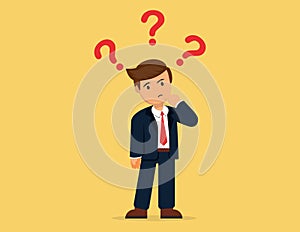 Businessman confused with the question. thinking or solving problem concept