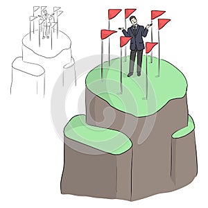 Businessman with confusion and seven goal flags on the top of mountain vector illustration sketch doodle hand drawn with black