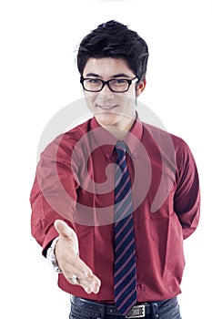 Businessman congratulate on white photo