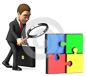 Businessman considering a magnifying glass puzzle