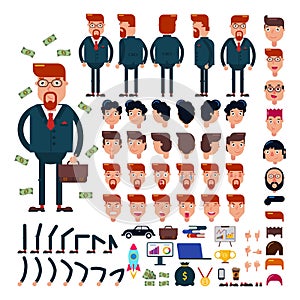 Businessman constructor vector creation of male character business suit with manlike hairstyle head and face emotions photo