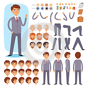 Businessman constructor vector creation of male character with manlike head and face emotions illustration set of mans