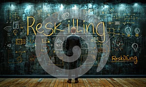 Businessman contemplating Reskilling concept written in glowing letters on a creative chalkboard with educational and