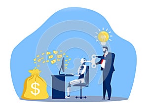 Businessman controlling a robot working make money with key control. Artificial intelligence technology business concept