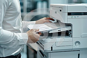 Businessman in Corporate Office Using Multifunction Laser Printer to Print Important Documents Concept Highlighting Ink