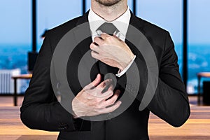 Businessman correcting his tie in empty office 3D Illustration