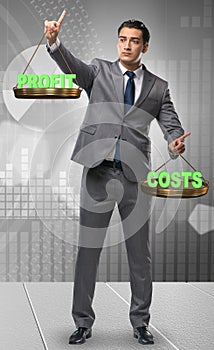 Businessman in cost benefit balance concept