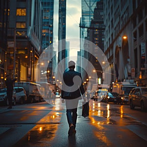 businessman in a costume walks on a city street