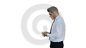 Businessman is counting money on white background.