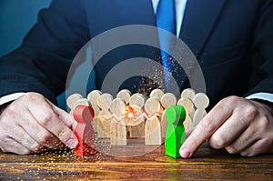 The businessman creates an artificial conflict. Sow discord, divide and rule. Rivalry competition to improve efficiency. Provoke photo