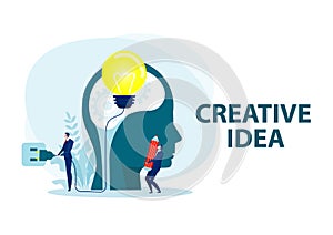 Businessman Creative idea concept. Light bulb with power plug in human head. Vector illustration
