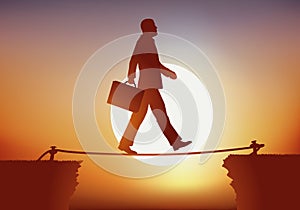 A businessman crosses a crevasse balancing on a wire.