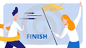 Businessman Crossing Finish Line, Girl with Flag.