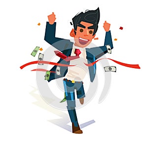 Businessman crossing finish line with money, won a competition. Success Concept. illustration