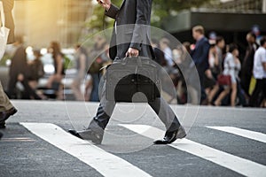 Businessman crossing the street on crosswalk and honding a laptop bag and smatphone